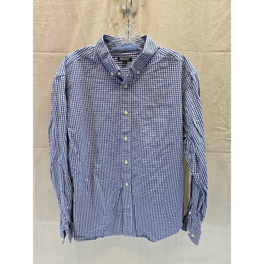 MIX&NY Mens Gingham Button Down Shirt Blue White Long‎ Sleeve Size Large